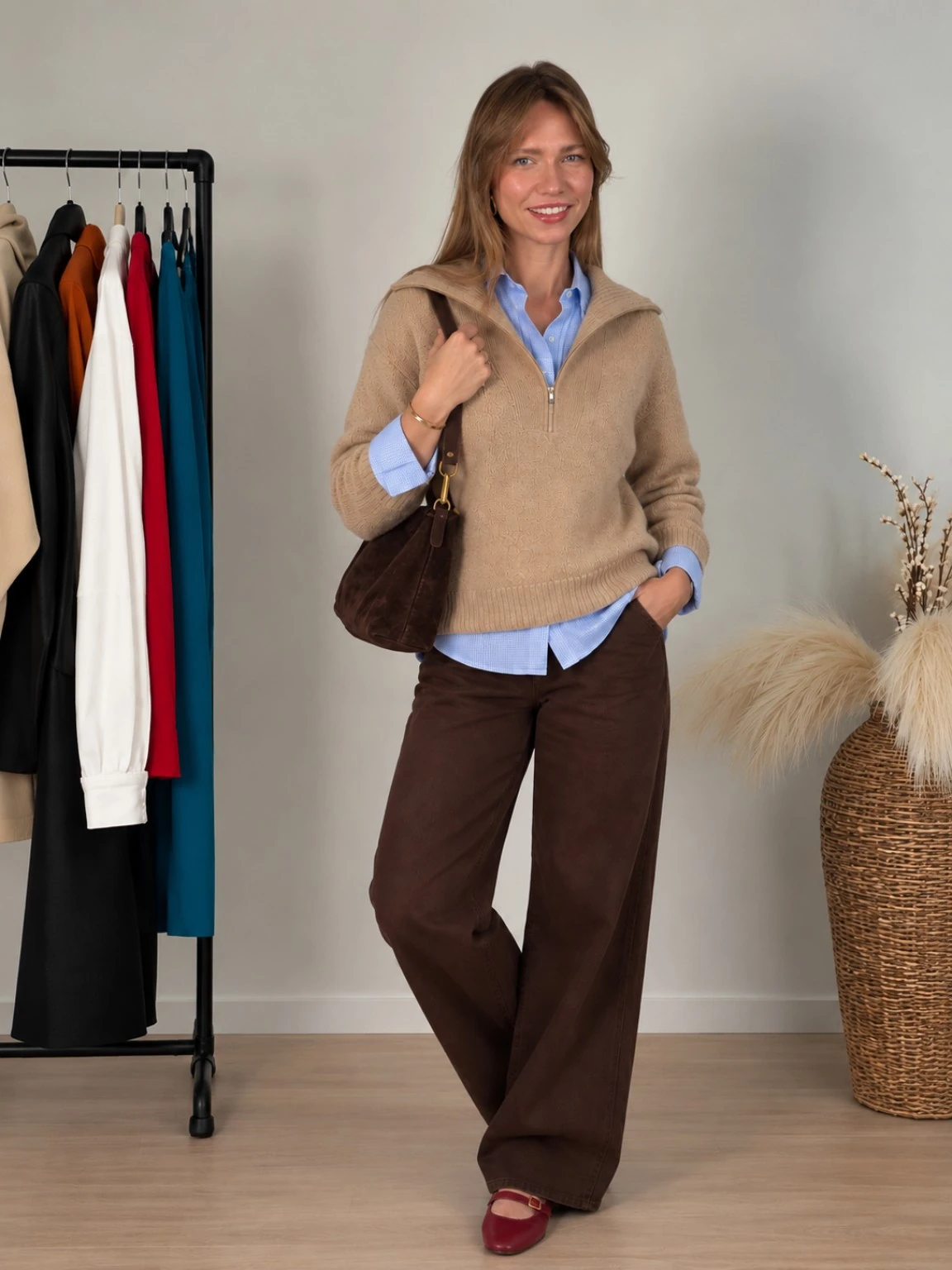 Jenny in a camel sweater and brown trousers next to a clothing rack